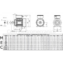Single phase electric motor 3 HP 4 poles 1400 rpm MEC 100 Form B3 - 230 V