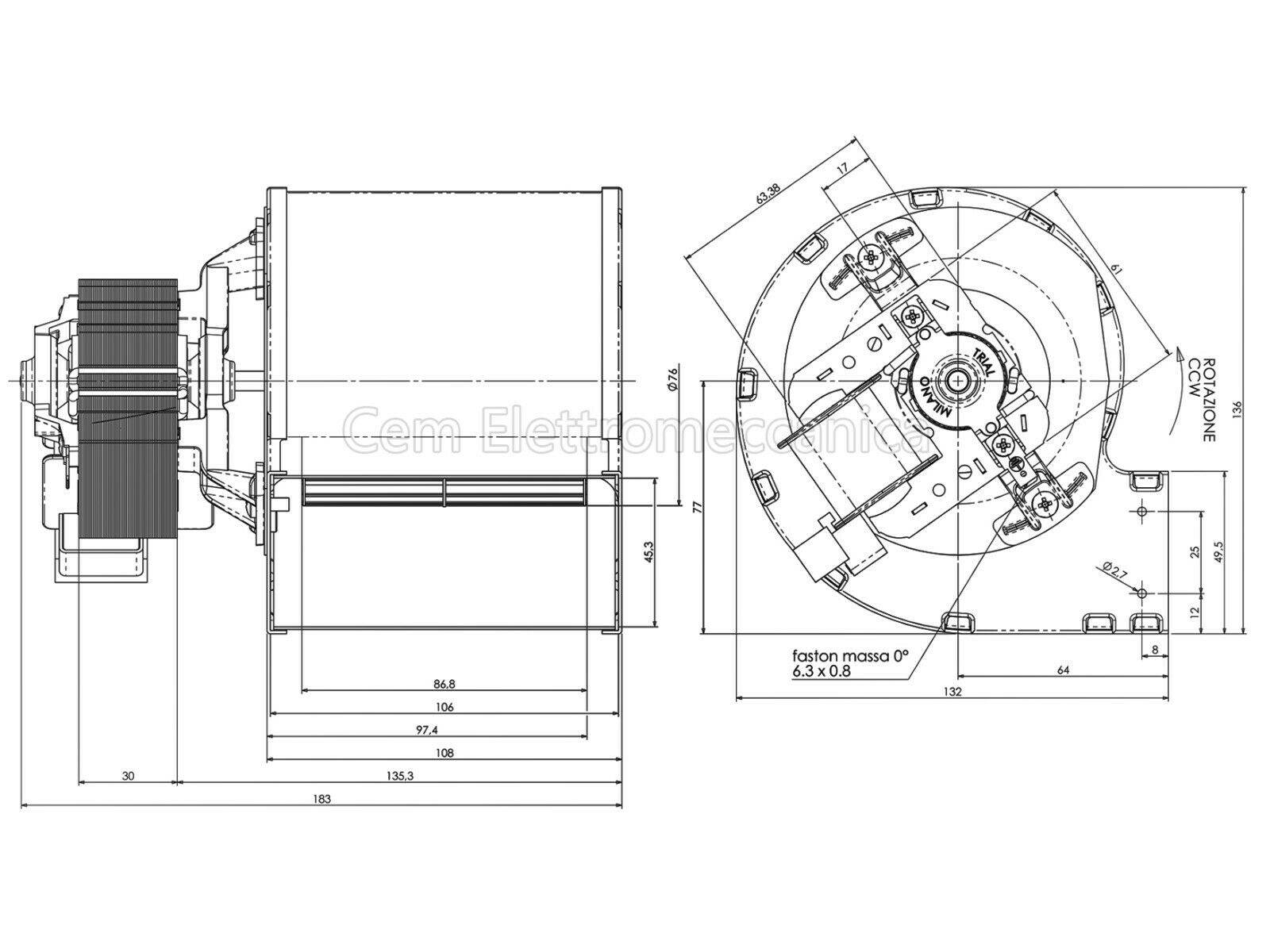 Ventilatore centrifugo monofase TRIAL 66 watt motore SX